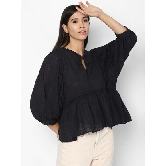 ✨AMERICAN EAGLE WOMEN BLACK LONG-SLEEVE PEASANT SZ MEDIUM BLOUSE✨ - Picture 2 of 10